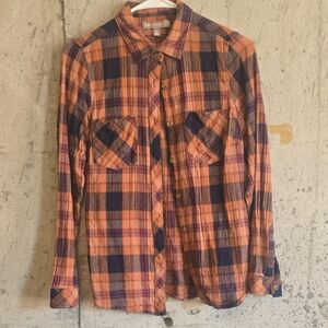 Women's Orange Plaid Button-Down Shirt